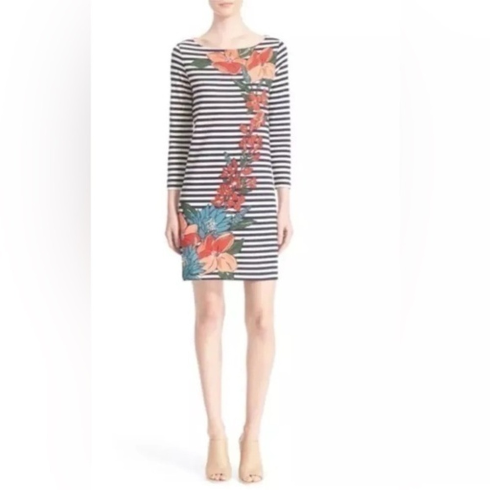 Tory Burch navy white stripe floral shift dress Small S J1